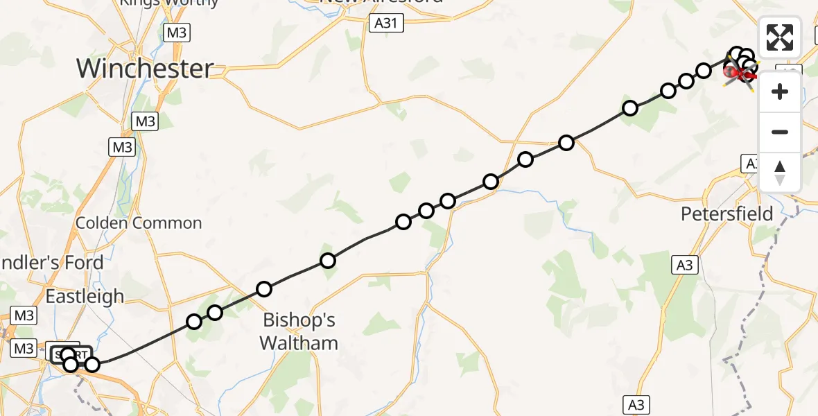 Flight route Air Ambulance Helicopter Southampton Airport - Hawkley, 31 May 2026, 23:29