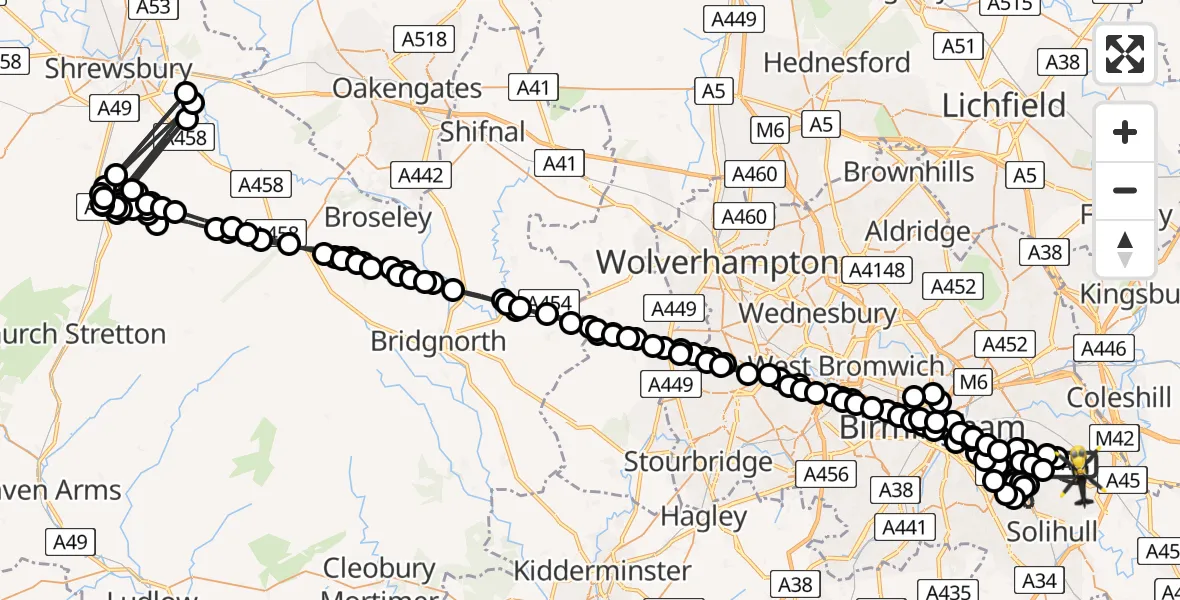 Flight route Police Helicopter Birmingham Airport - Solihull, 31 May 2026, 23:43