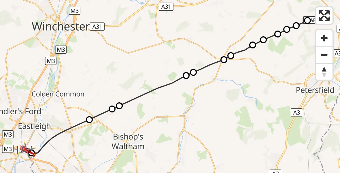 Flight route Air Ambulance Helicopter Hawkley - Southampton Airport, 01 June 2026, 00:21