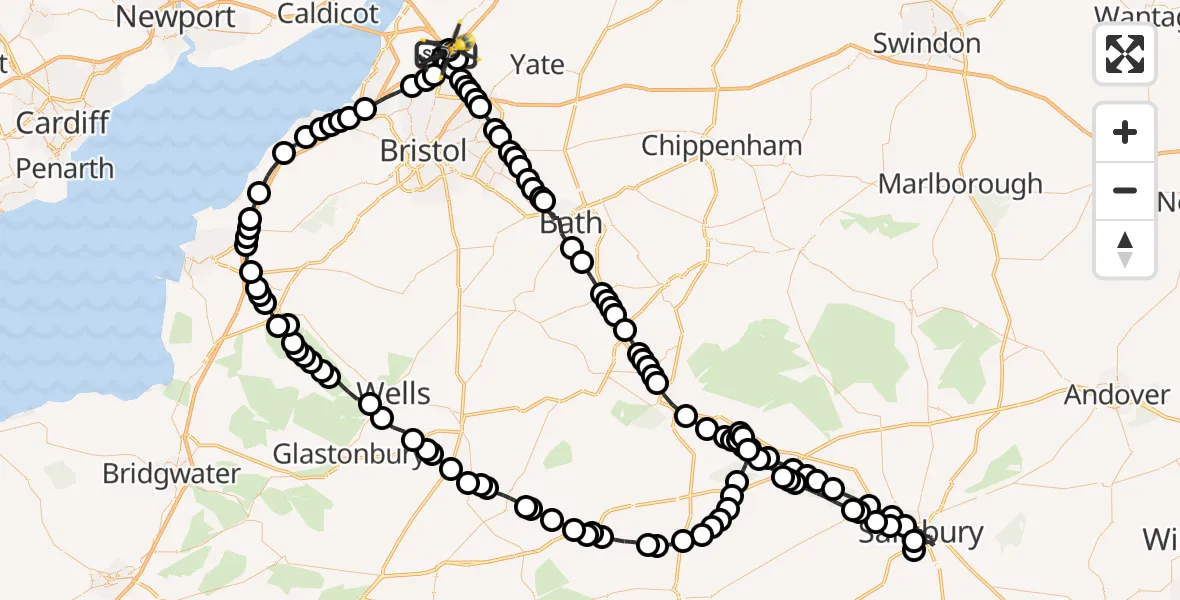 Flight route Police Helicopter Almondsbury Helicopter Base - Almondsbury Helicopter Base, 01 June 2026, 00:22