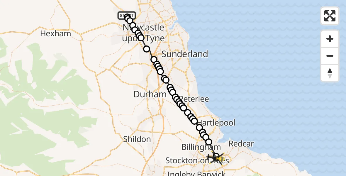 Flight route Police Helicopter Newcastle International Airport - Middlesbrough, 01 June 2026, 00:28