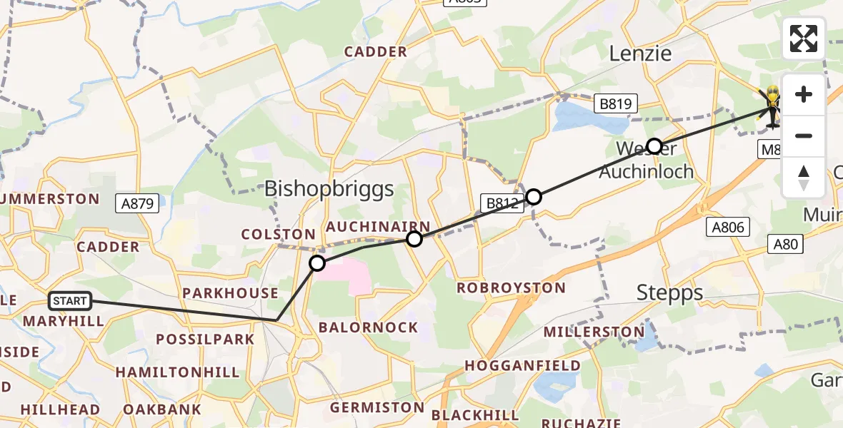 Flight route Police Helicopter Glasgow - Auchinloch, 01 June 2026, 01:05