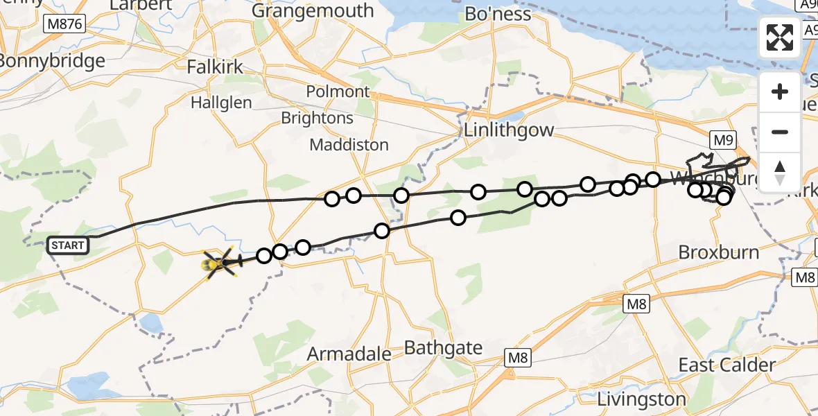 Flight route Police Helicopter Falkirk - Dykehead, 01 June 2026, 01:12