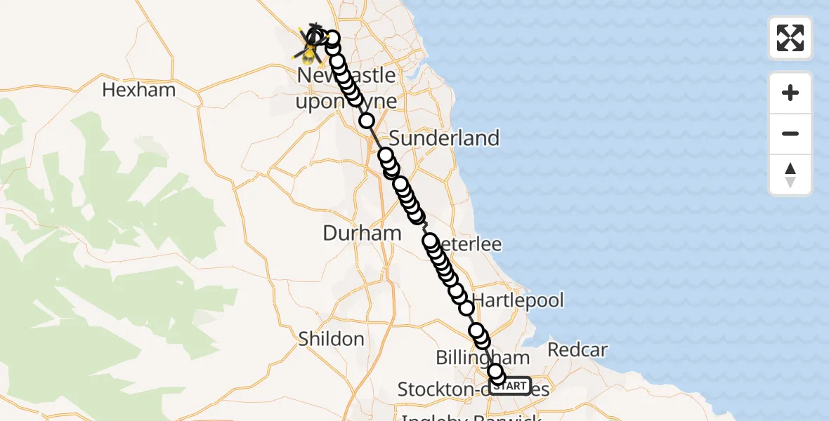 Flight route Police Helicopter Middlesbrough - Newcastle International Airport, 01 June 2026, 01:23