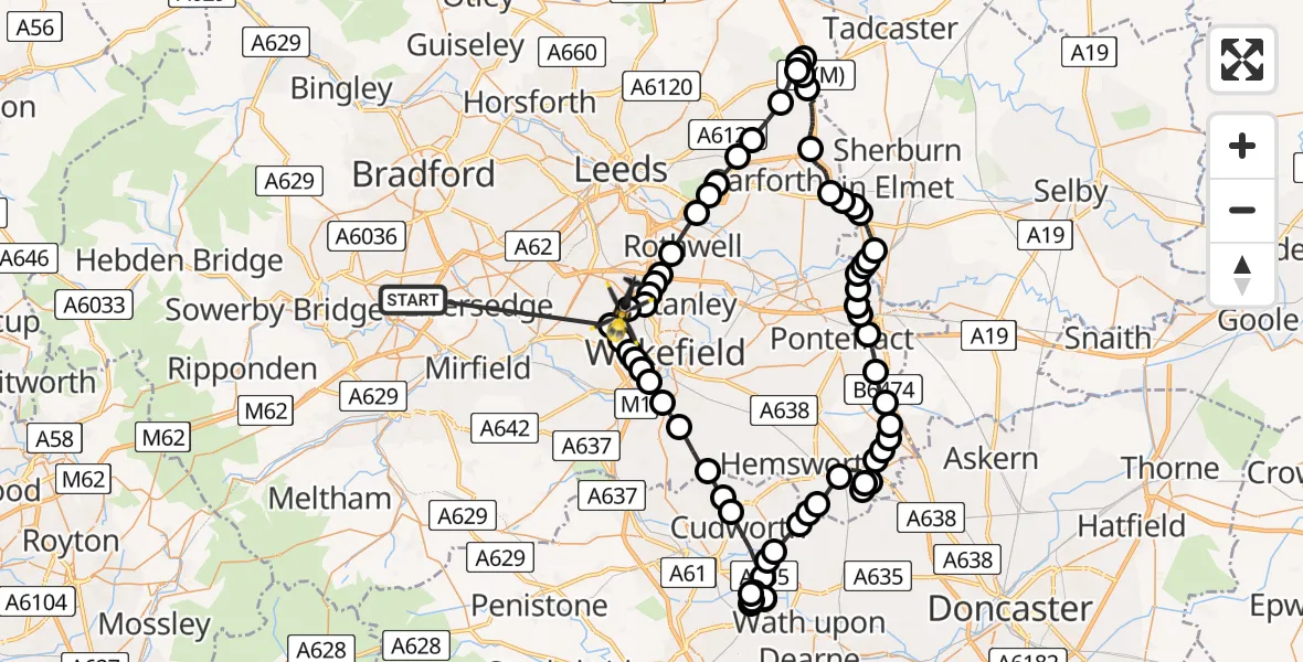 Flight route Police Helicopter Bailiff Bridge - East Ardsley, 01 June 2026, 01:35