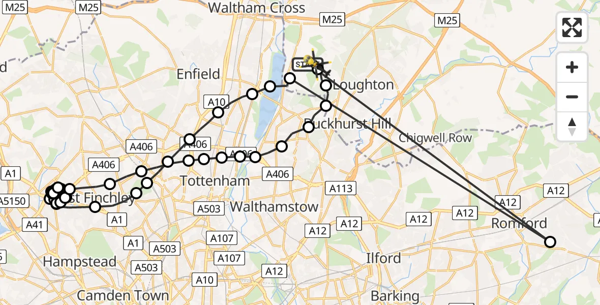 Flight route Police Helicopter Sewardstonebury - Sewardstonebury, 01 June 2026, 01:57