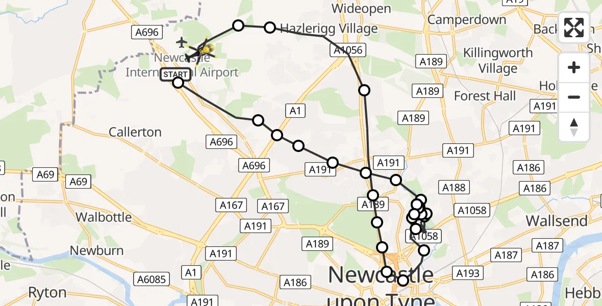 Flight route Police Helicopter Newcastle International Airport - Newcastle International Airport, 01 June 2026, 03:14