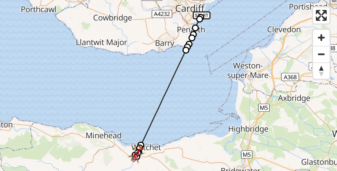 Flight route Air Ambulance Helicopter Cardiff Heliport - Washford, 01 June 2026, 05:43