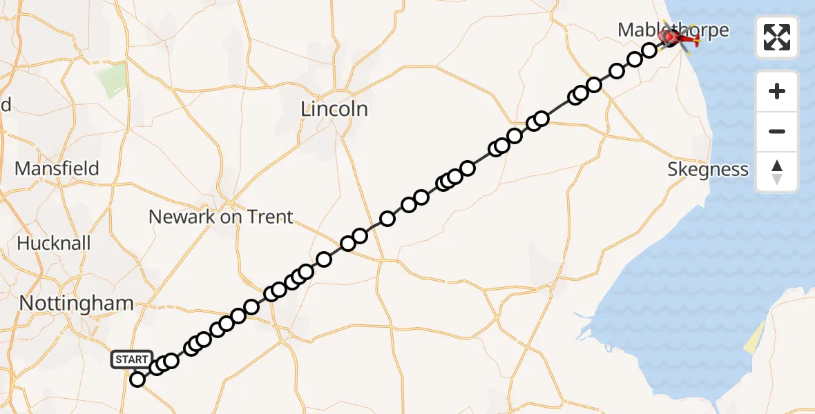 Flight route Air Ambulance Helicopter Kinoulton - Mablethorpe, 01 June 2026, 06:14