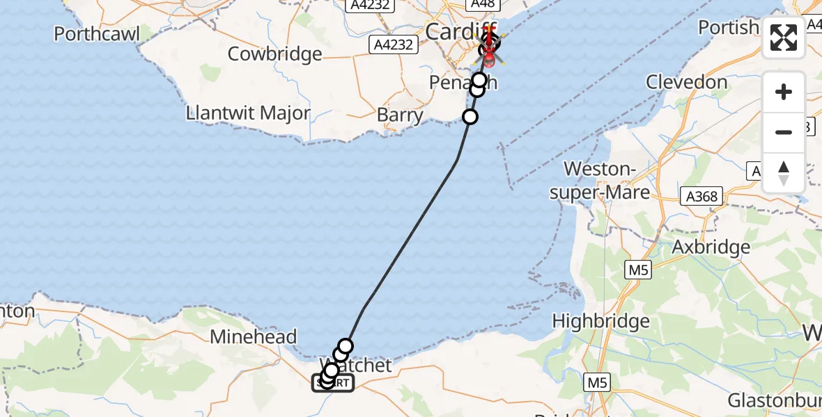 Flight route Air Ambulance Helicopter Washford - Cardiff Heliport, 01 June 2026, 06:30