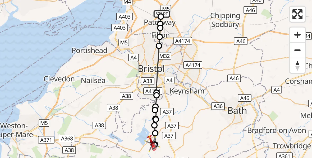 Flight route Air Ambulance Helicopter Almondsbury - Hinton Blewett, 01 June 2026, 06:42