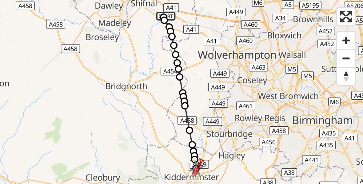 Flight route Air Ambulance Helicopter RAF Cosford - Kidderminster, 01 June 2026, 06:49