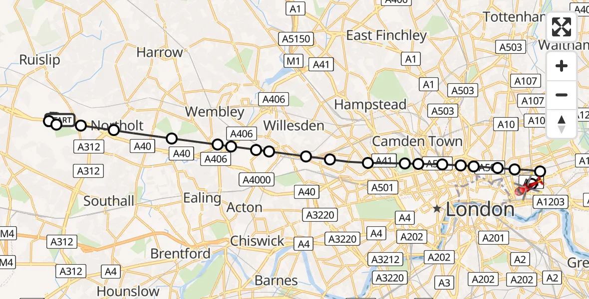 Flight route Air Ambulance Helicopter RAF Northolt - Royal London Hospital, 01 June 2026, 07:09