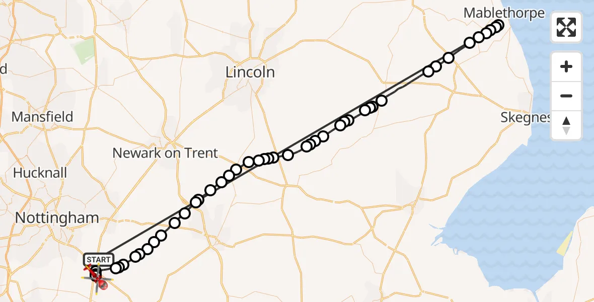 Flight route Air Ambulance Helicopter Kinoulton - Nottingham Heliport, 01 June 2026, 07:22