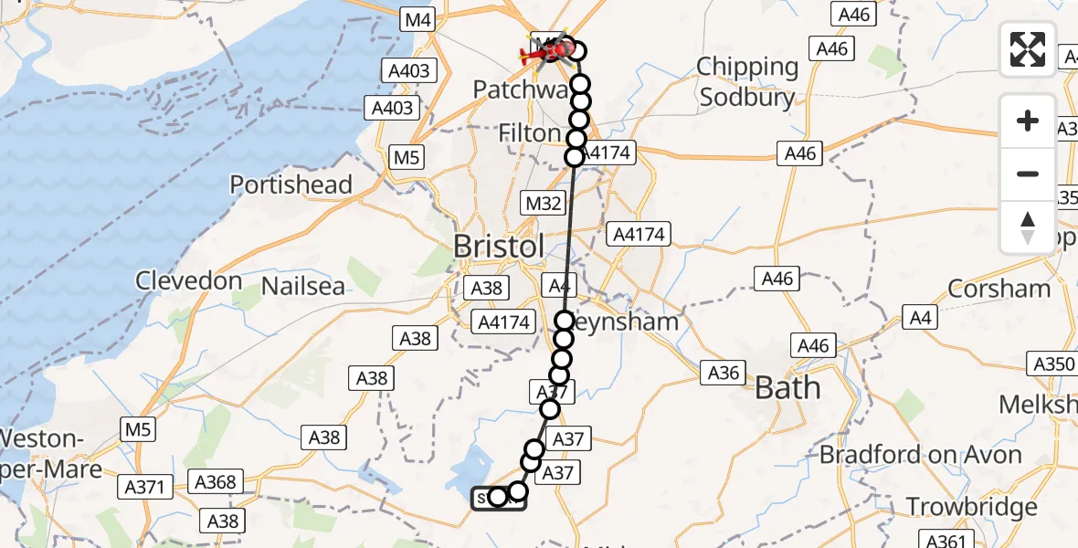 Flight route Air Ambulance Helicopter Bishop Sutton - Almondsbury Helicopter Base, 01 June 2026, 07:37