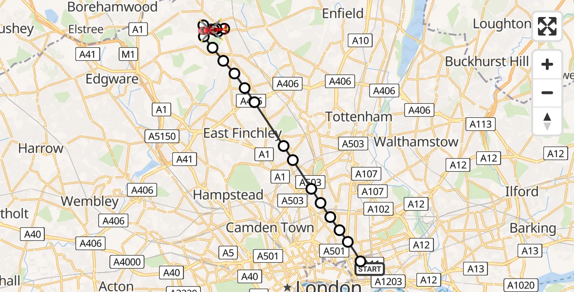 Flight route Air Ambulance Helicopter Royal London Hospital - High Barnet, 01 June 2026, 08:04