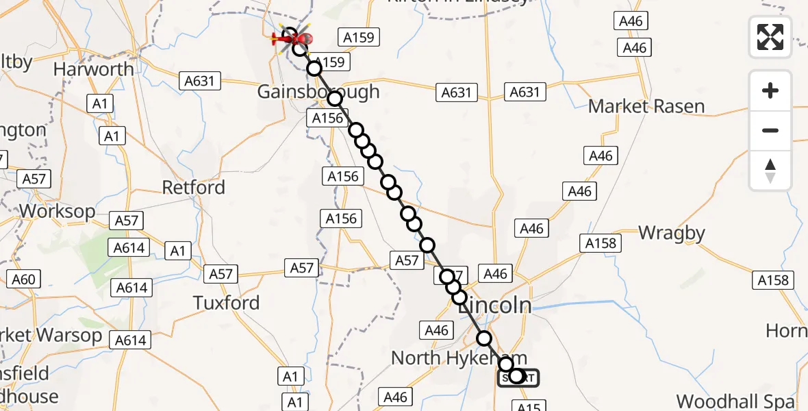 Flight route Air Ambulance Helicopter RAF Waddington - West Stockwith, 01 June 2026, 08:25