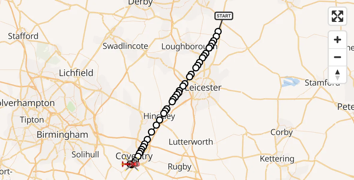 Flight route Air Ambulance Helicopter Kinoulton - Green Lane, 01 June 2026, 08:29