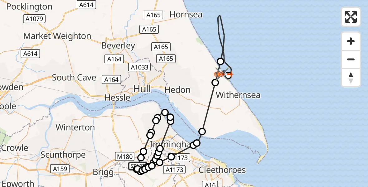 Flight route Coastguard Helicopter Humberside Airport - Roos, 01 June 2026, 08:49