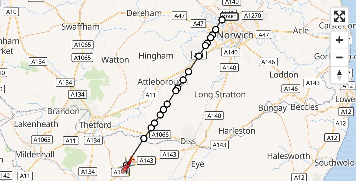 Flight route Air Ambulance Helicopter Norwich Airport - Stanton, 01 June 2026, 08:50