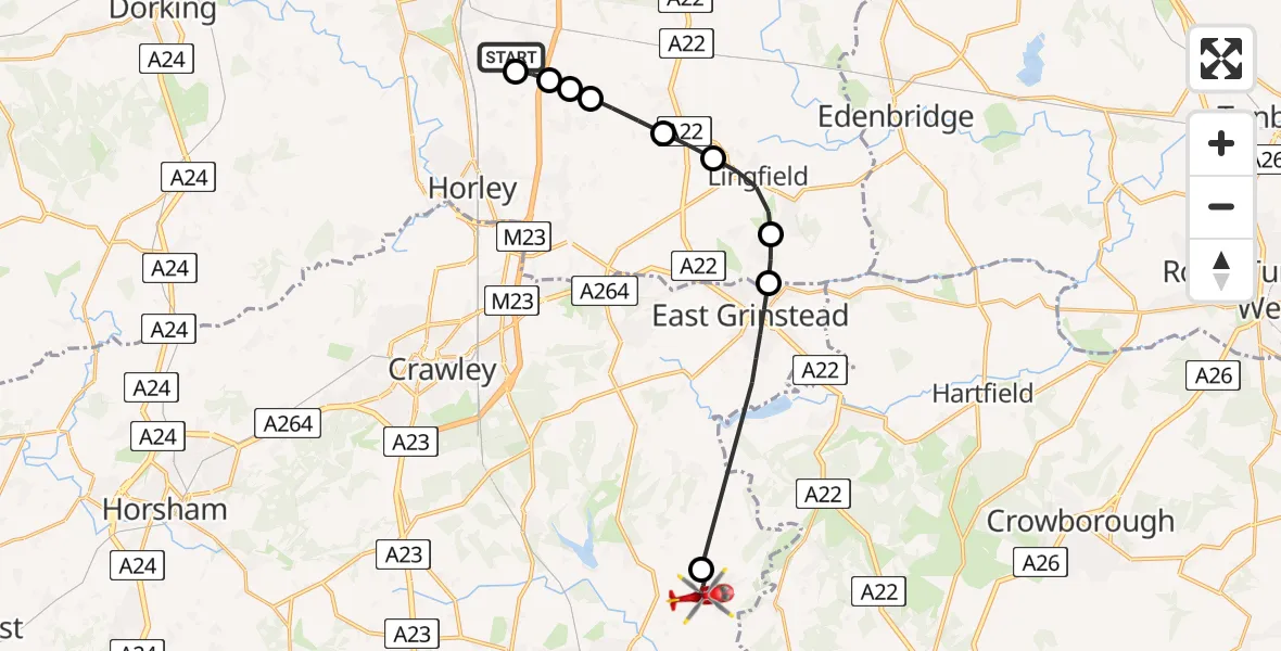 Flight route Air Ambulance Helicopter Redhill Aerodrome - Horsted Keynes, 01 June 2026, 09:01