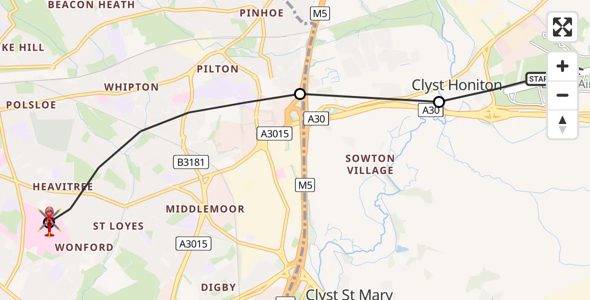 Flight route Air Ambulance Helicopter Exeter International Airport - Royal Devon & Exeter Hospital, 01 June 2026, 09:04