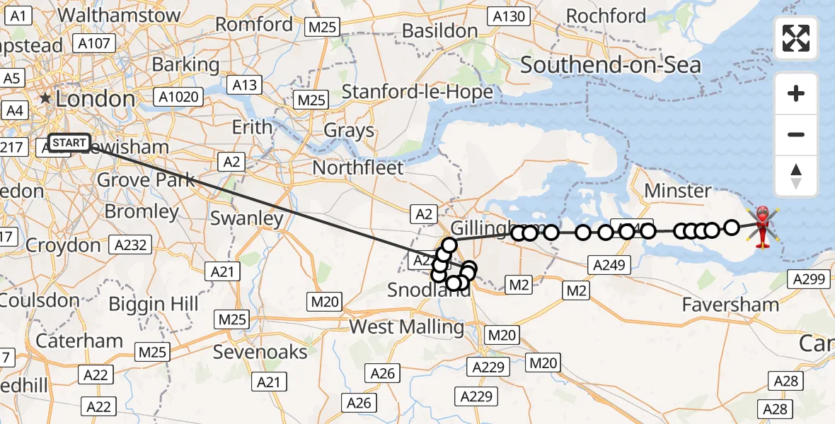 Flight route Air Ambulance Helicopter Kings College London Hospital - Leysdown-on-Sea, 01 June 2026, 09:09