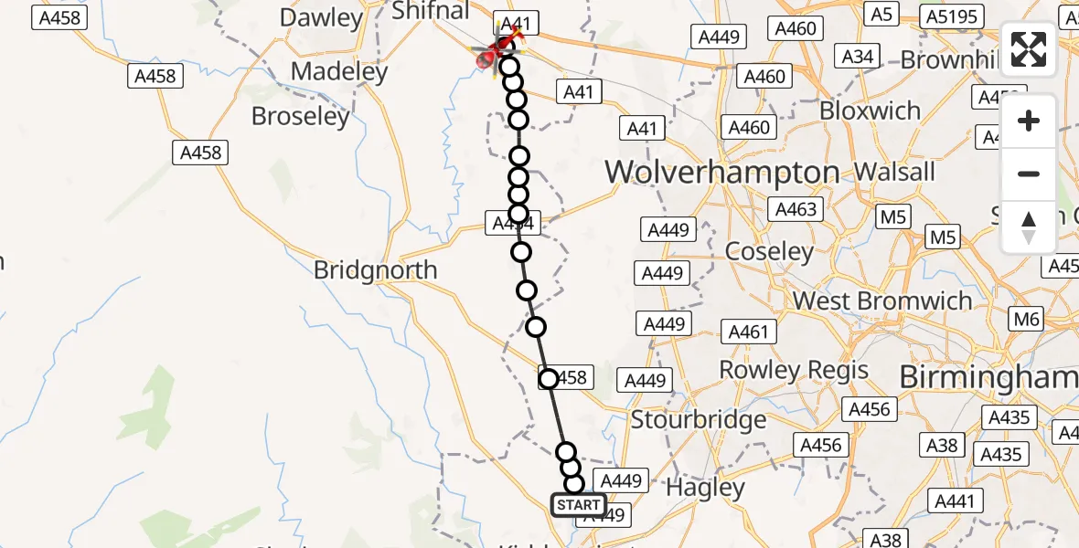 Flight route Air Ambulance Helicopter Wolverley - Tong, 01 June 2026, 09:13