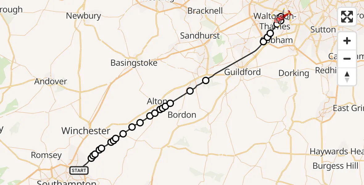 Flight route Air Ambulance Helicopter Eastleigh - Molesey, 01 June 2026, 09:18