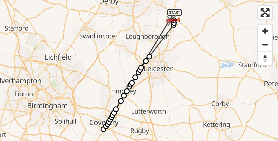 Flight route Air Ambulance Helicopter Kinoulton - Nottingham Heliport, 01 June 2026, 09:24