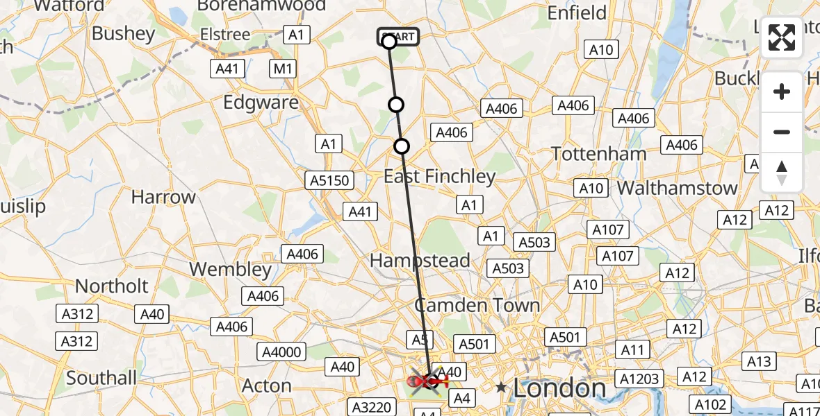 Flight route Air Ambulance Helicopter High Barnet - City of Westminster, 01 June 2026, 09:31