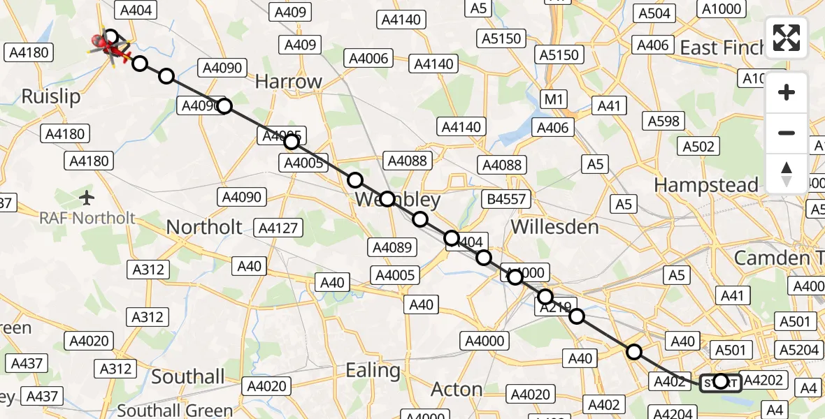 Flight route Air Ambulance Helicopter City of Westminster - Hillingdon, 01 June 2026, 09:39