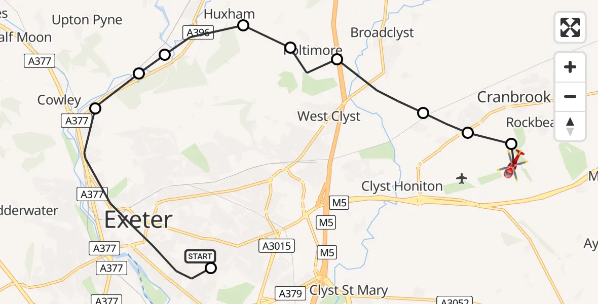 Flight route Air Ambulance Helicopter Royal Devon & Exeter Hospital - Rockbeare, 01 June 2026, 09:45