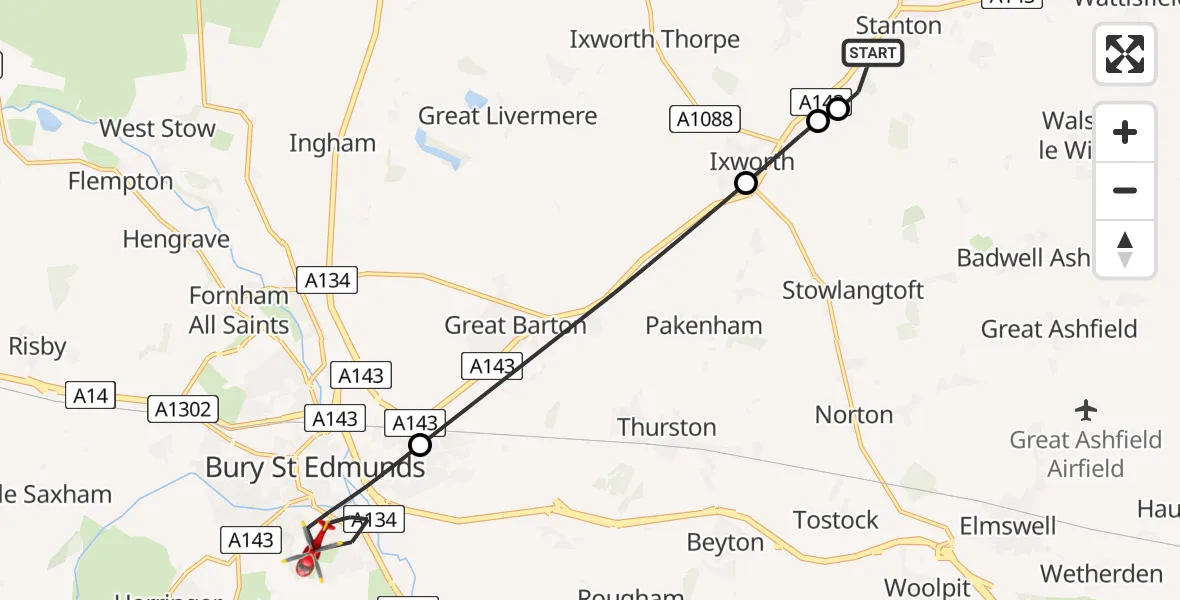 Flight route Air Ambulance Helicopter Stanton - West Suffolk Hospital, 01 June 2026, 09:47
