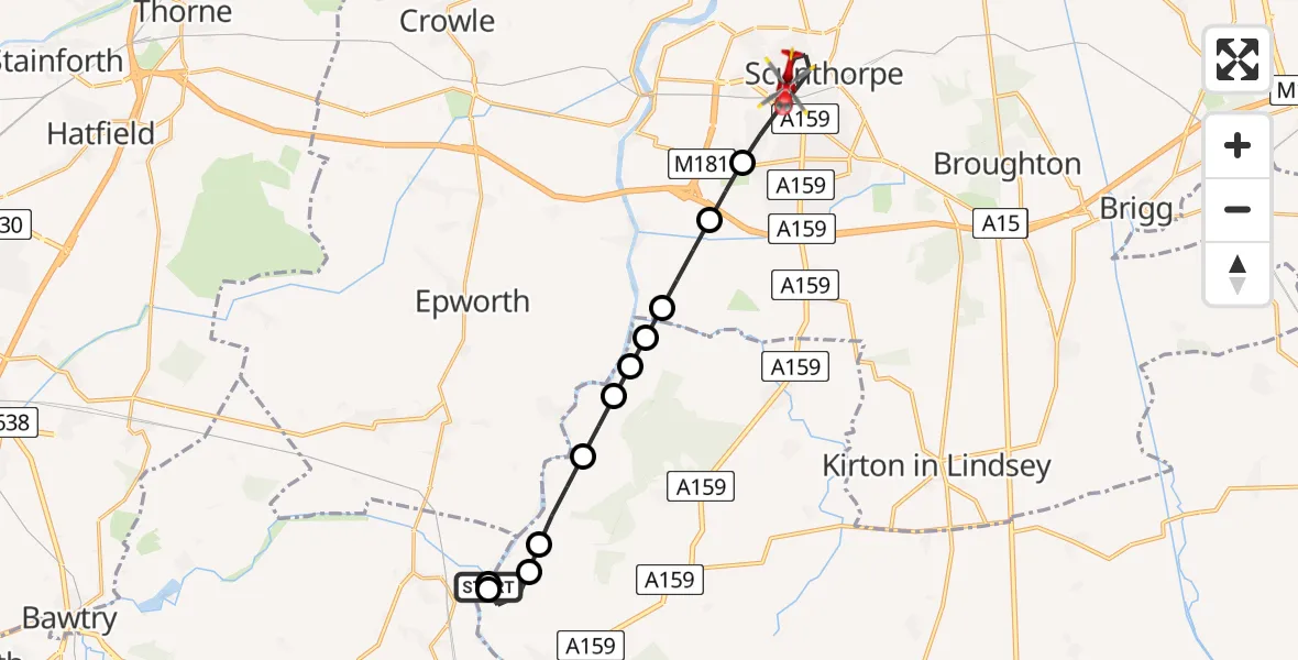 Flight route Air Ambulance Helicopter East Stockwith - Scunthorpe, 01 June 2026, 09:55