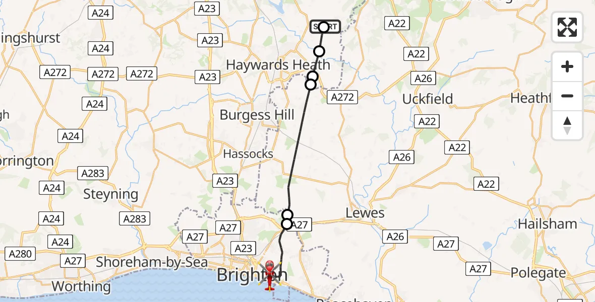 Flight route Air Ambulance Helicopter Horsted Keynes - Brighton, 01 June 2026, 09:59