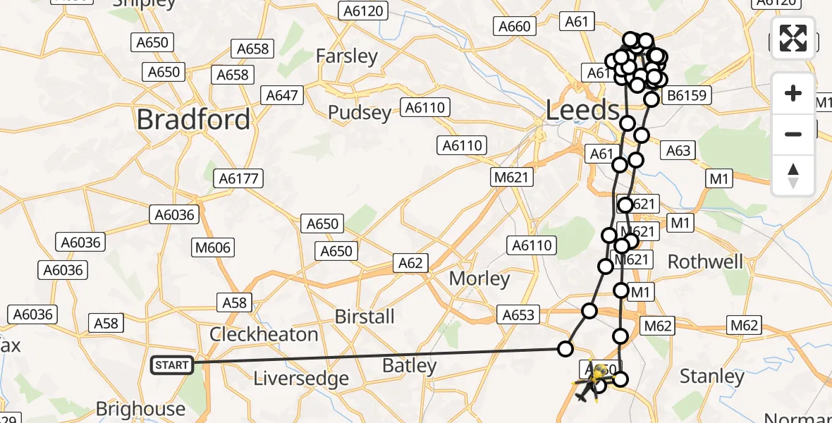 Flight route Police Helicopter Bailiff Bridge - East Ardsley, 01 June 2026, 10:02