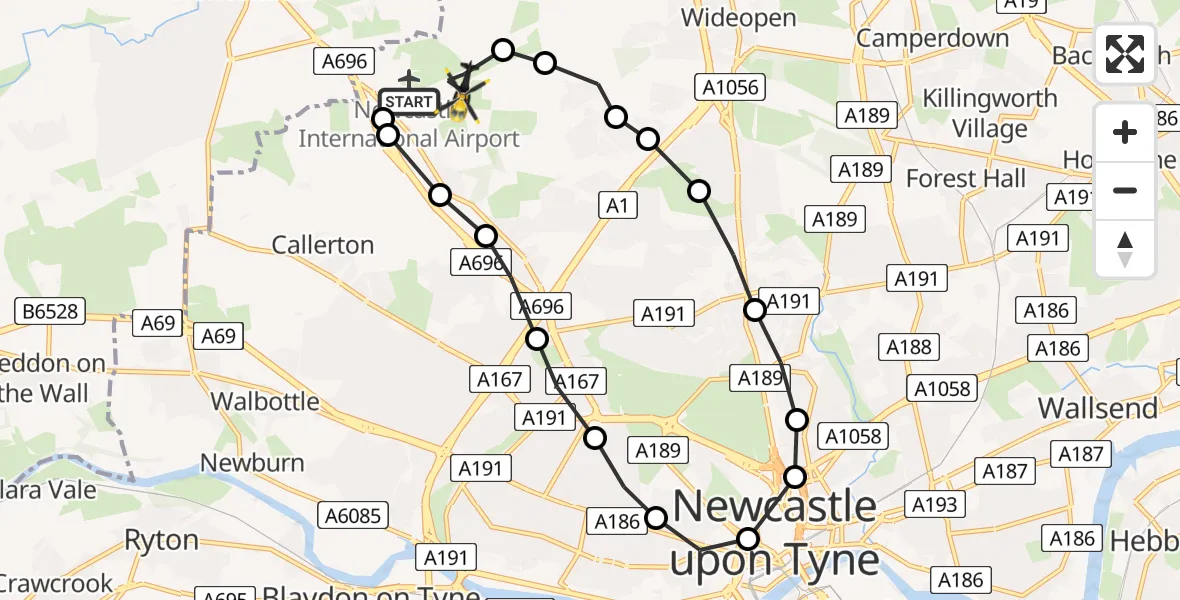 Flight route Police Helicopter Newcastle International Airport - Woolsington, 01 June 2026, 10:11