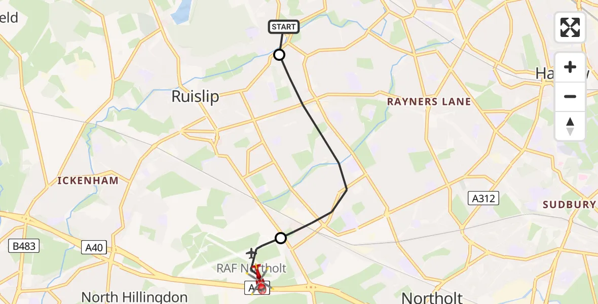 Flight route Air Ambulance Helicopter Hillingdon - RAF Northolt, 01 June 2026, 10:34