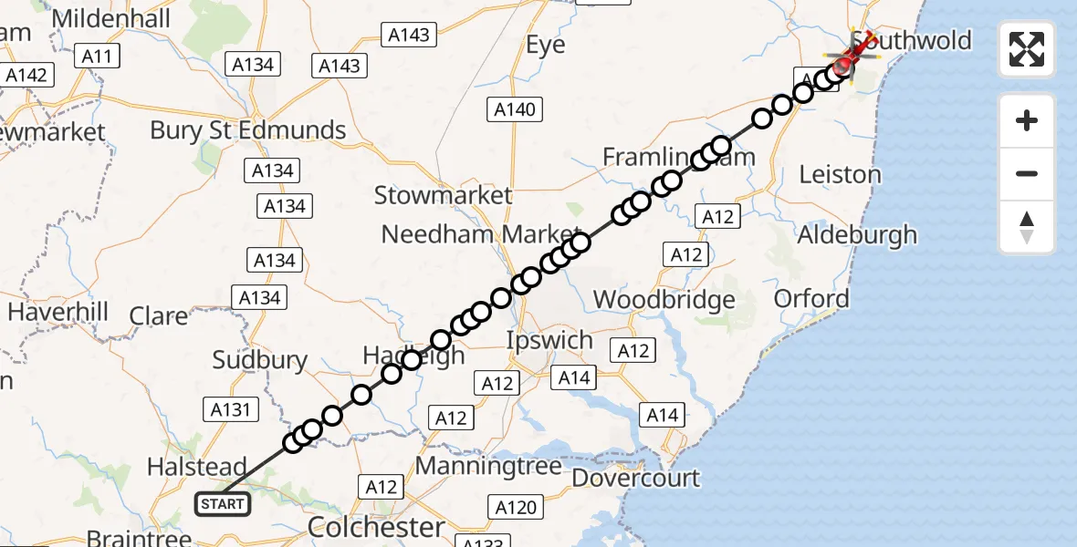 Flight route Air Ambulance Helicopter Braintree - Blythburgh, 01 June 2026, 10:37