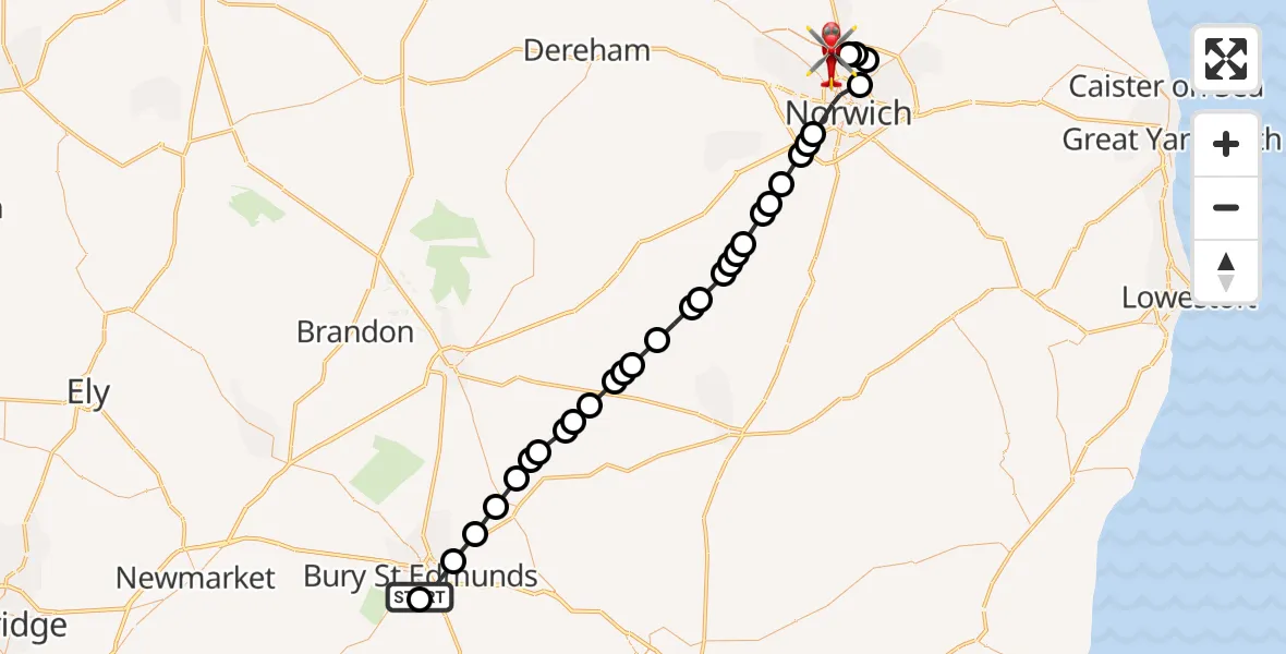 Flight route Air Ambulance Helicopter West Suffolk Hospital - Norwich Airport, 01 June 2026, 10:37