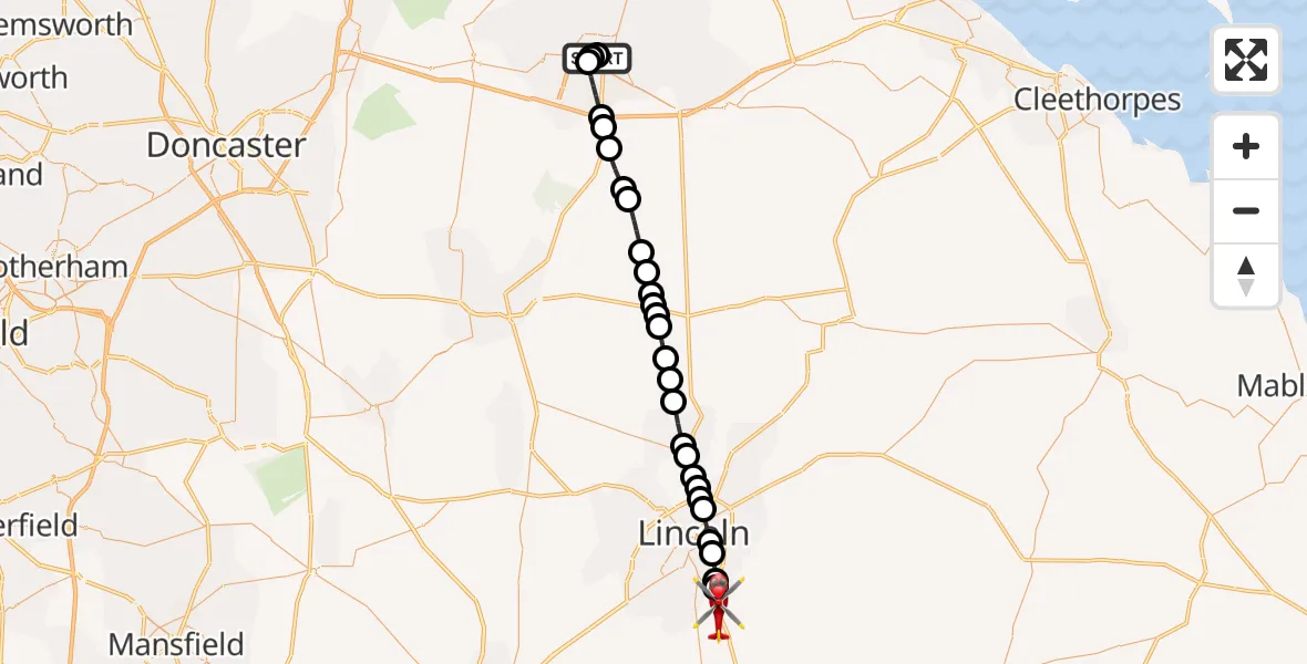 Flight route Air Ambulance Helicopter Scunthorpe Hospital - North Kesteven, 01 June 2026, 10:45