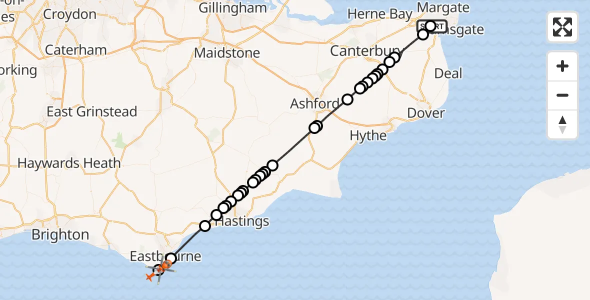 Flight route Coastguard Helicopter Manston Airport - English Channel, 01 June 2026, 10:48