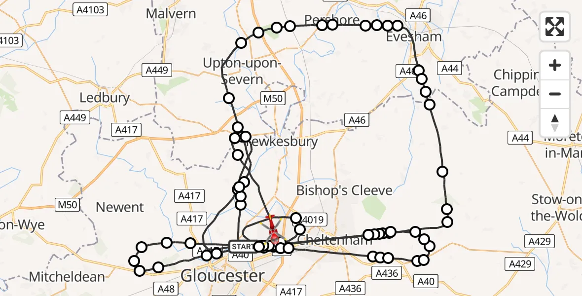 Flight route Air Ambulance Helicopter Tewkesbury - Tewkesbury, 01 June 2026, 10:48