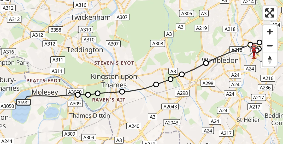 Flight route Air Ambulance Helicopter Molesey - St Georges Hospital, 01 June 2026, 10:52