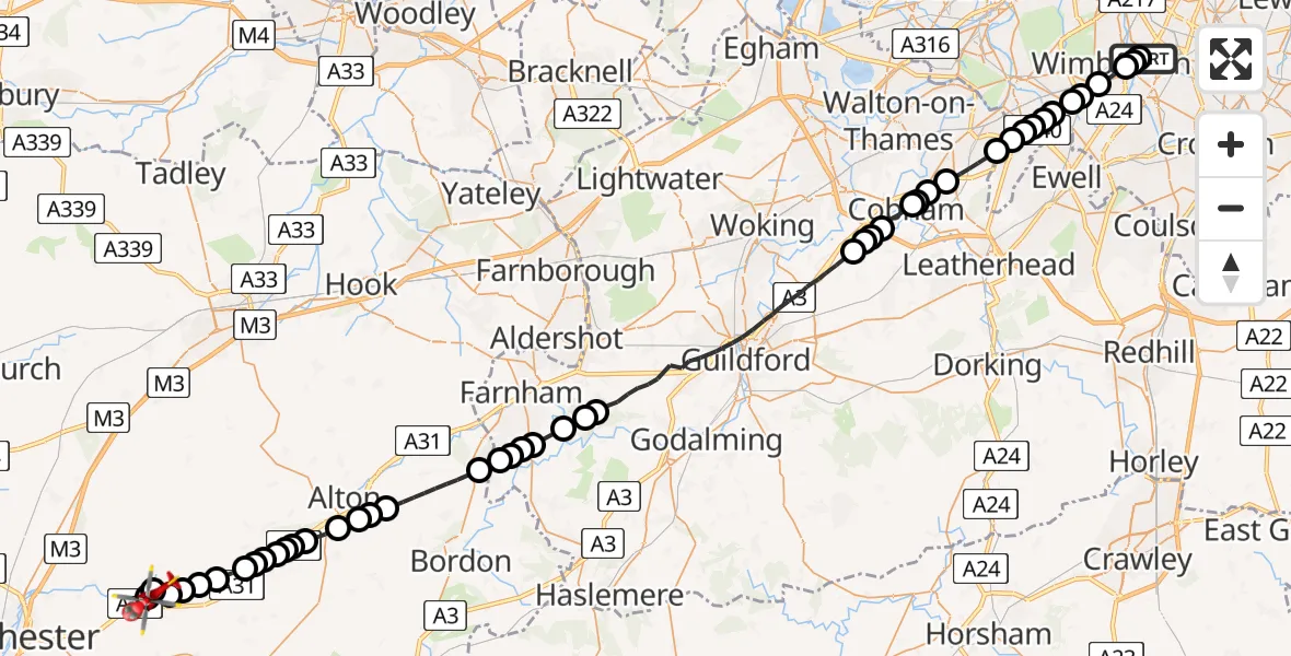 Flight route Air Ambulance Helicopter St Georges Hospital - New Alresford, 01 June 2026, 11:03