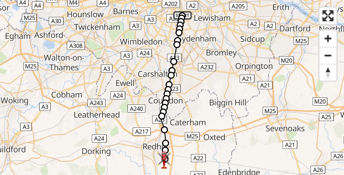 Flight route Air Ambulance Helicopter Kings College London Hospital - Redhill Aerodrome, 01 June 2026, 11:20