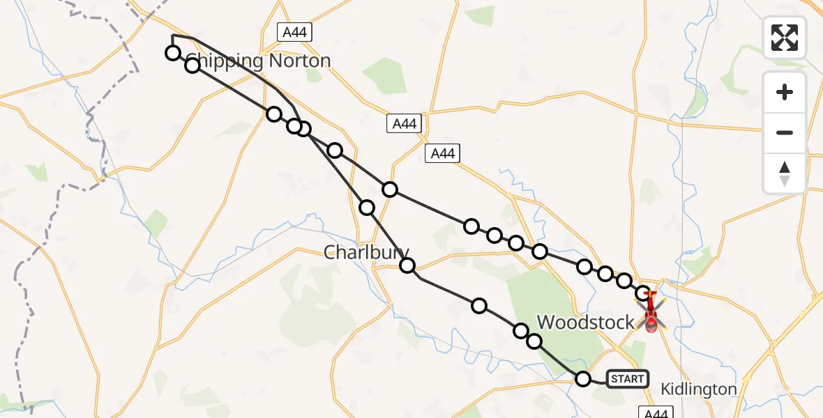 Flight route Air Ambulance Helicopter Bladon - Shipton-on-Cherwell, 01 June 2026, 11:28