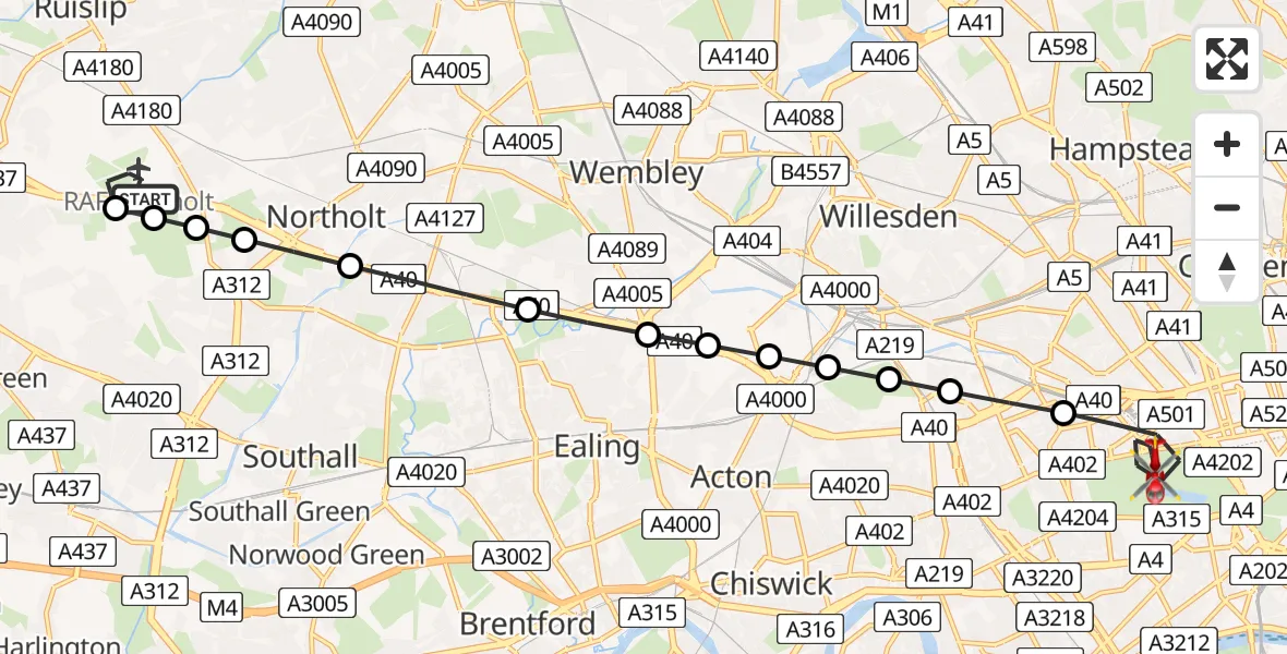 Flight route Air Ambulance Helicopter RAF Northolt - City of Westminster, 01 June 2026, 11:36