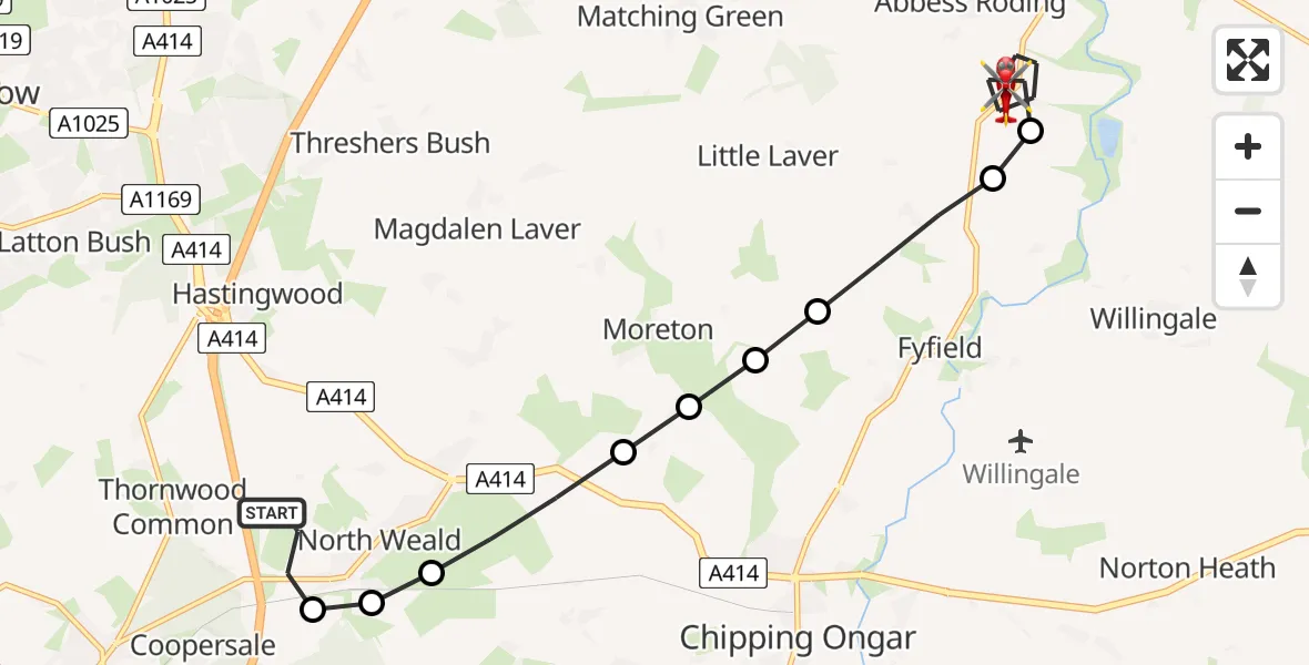 Flight route Air Ambulance Helicopter North Weald Airfield - Abbess Roding, 01 June 2026, 11:38